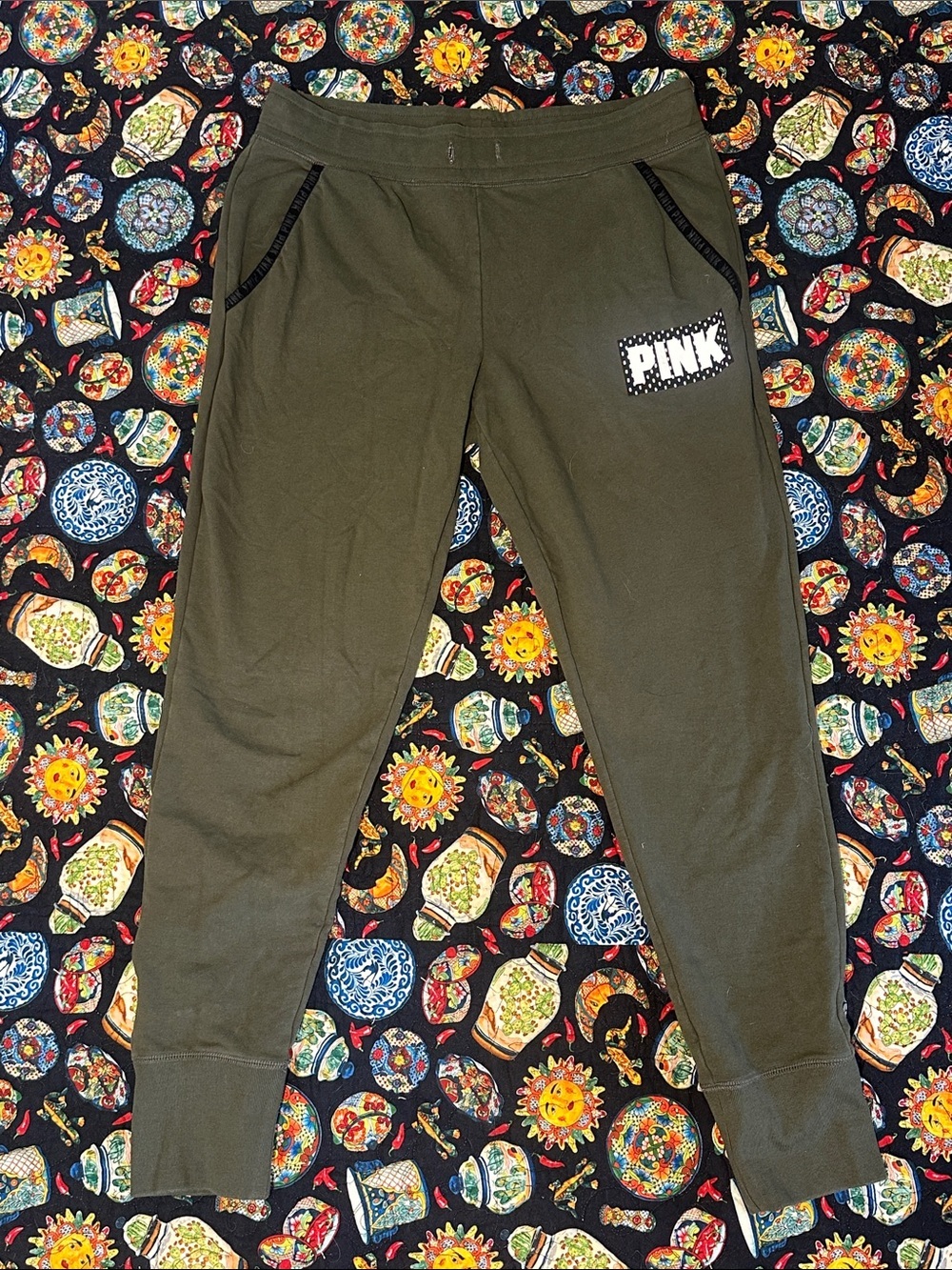 PINK Victoria's Secret Olive Green Jogger Sweatpants with Black Trim EUC
